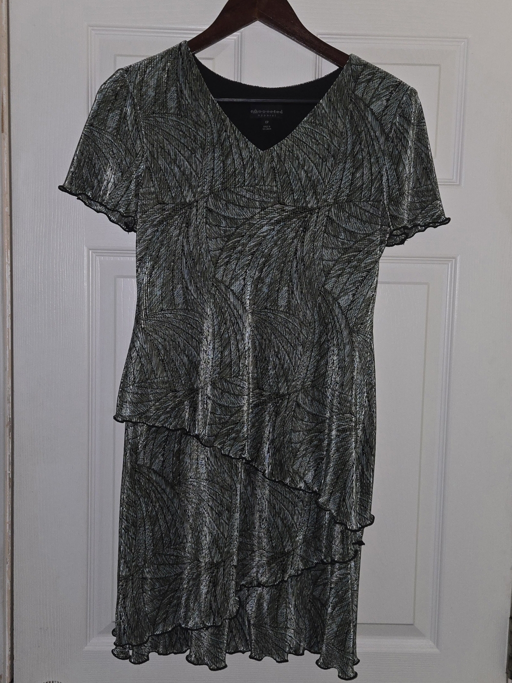 Connected Apparel Black & Silver Metallic Asymmetrical Tiered Dress